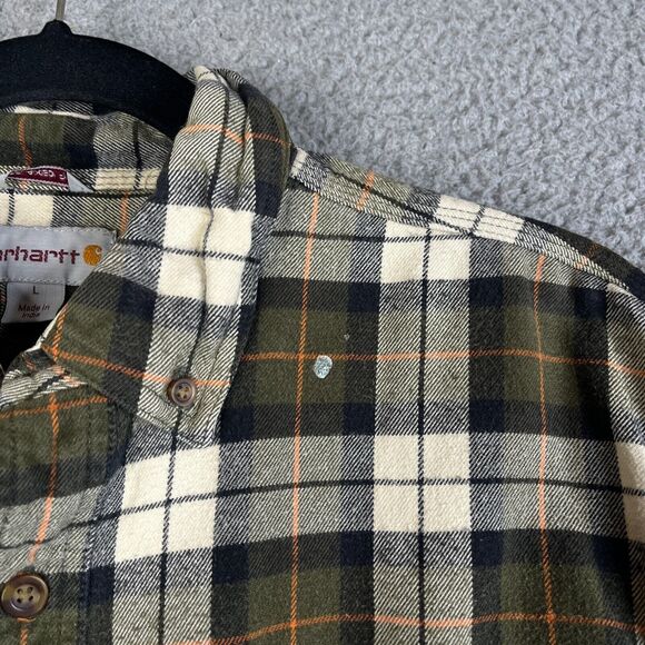 Carhartt Flannel Shirt Men Large Green Plaid Relaxed Button Workwear SPOTS PAINT - Picture 2 of 16